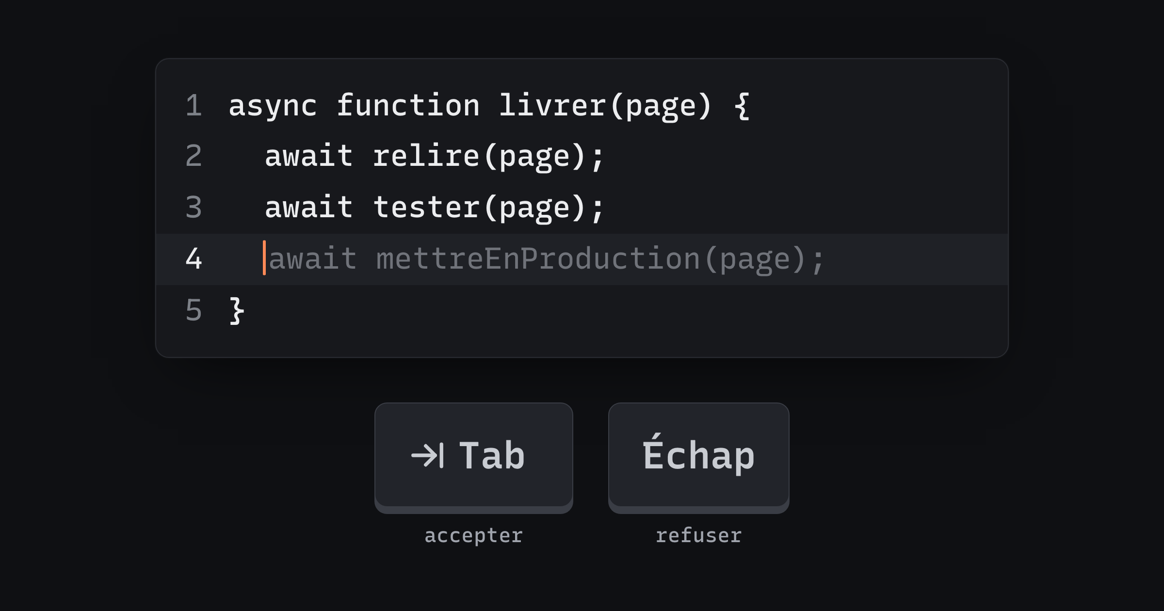 Accepter ou refuser une suggestion de l’IA Deux touches de clavier, Tab et Échap, sous une ligne de code qu’une intelligence artificielle propose en gris.