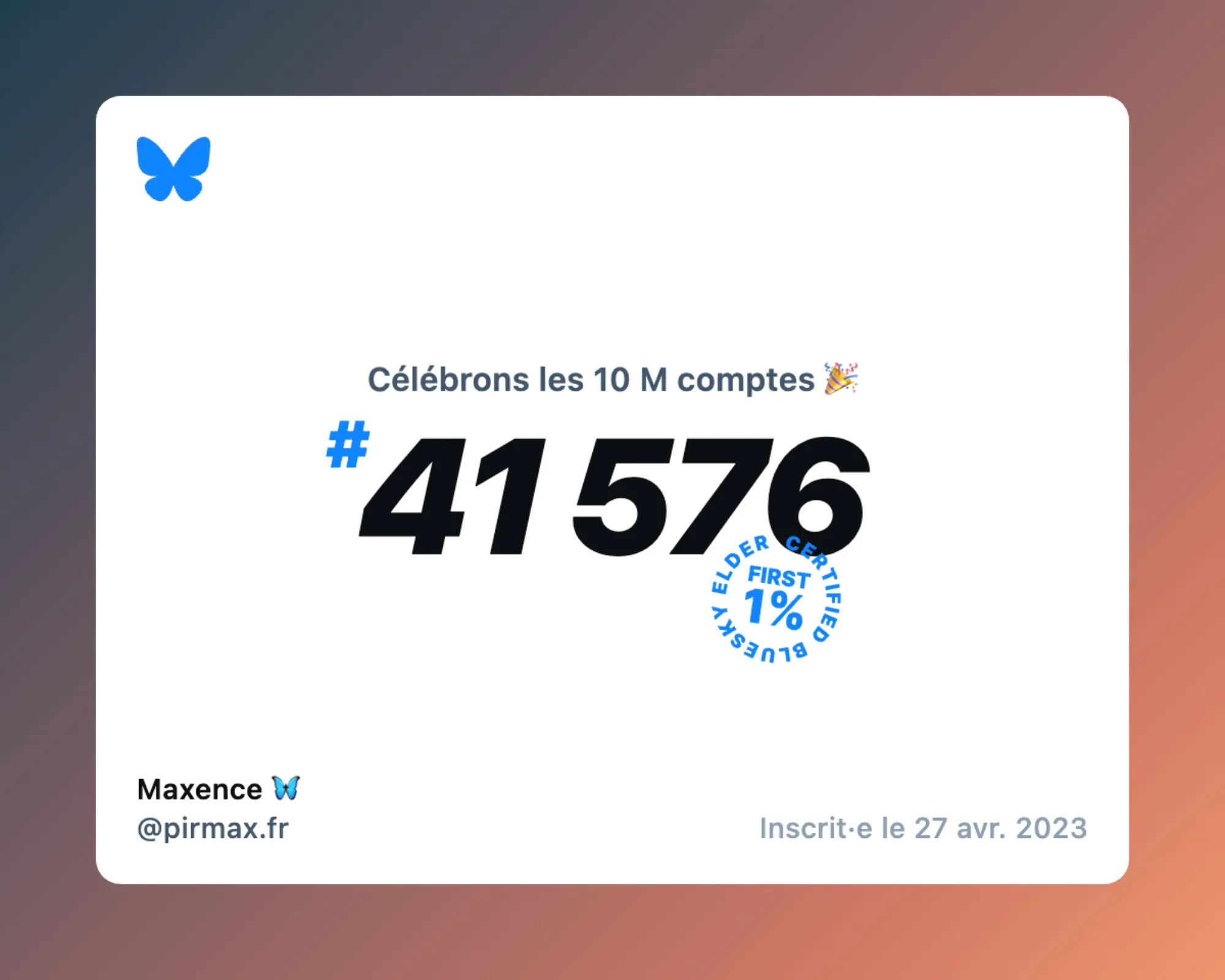 Post Bluesky du 17 septembre 2024 Nous sommes désormais plus de 10 millions sur Bluesky, et j’étais n°41 576 !