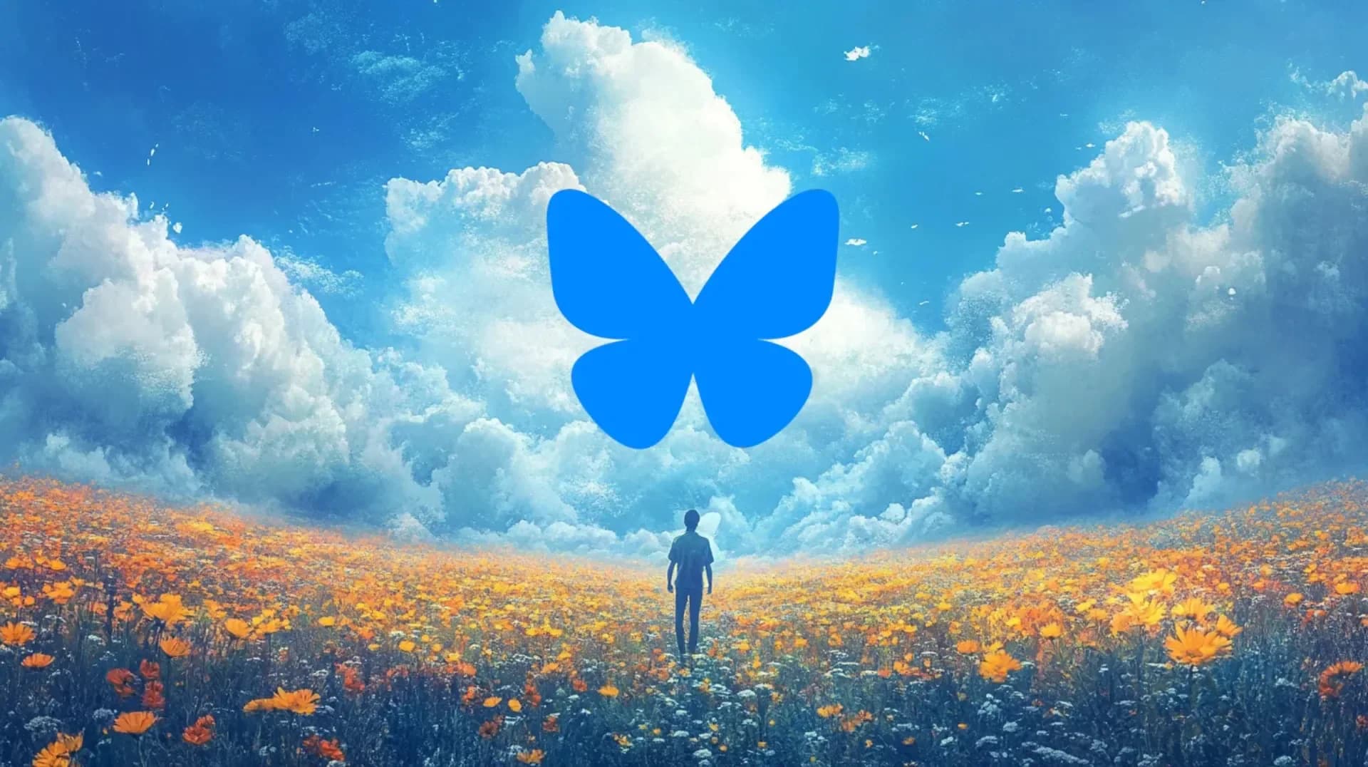 Post Bluesky du 25 novembre 2024 This photography depicts a butterfly rising into the sky above the silhouette of a person in a field.